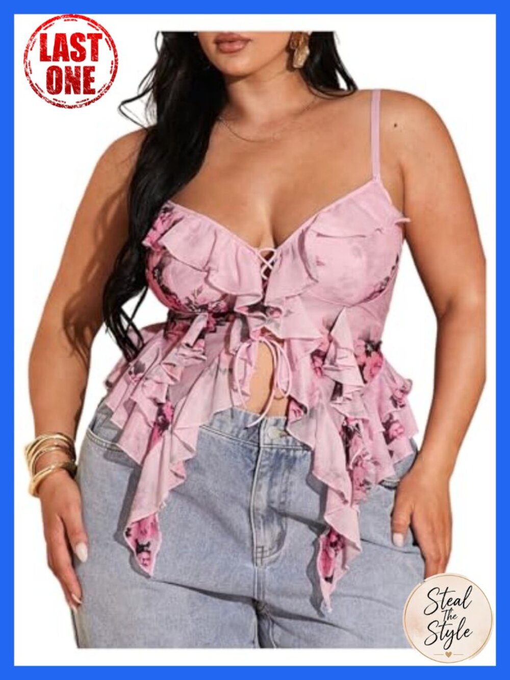 Plus Size Sleeveless Tropical Print Sheer Cami Asymmetrical Lace Up Tank Top